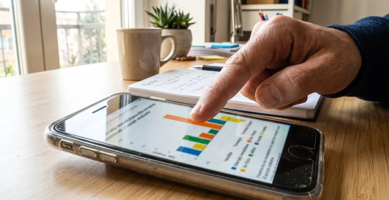 Primo piano di una mano che indica con il dito lo schermo di uno smartphone mostrando un grafico con barre colorate sfocate