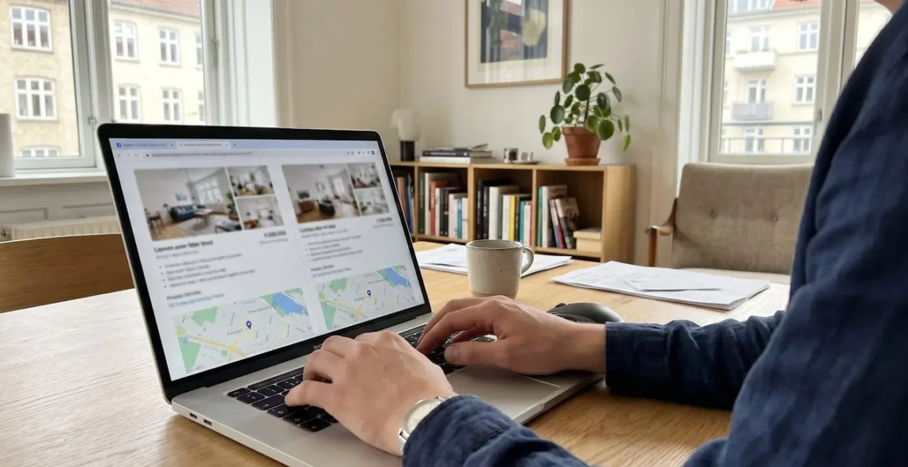 Inquadratura over-shoulder di mani che digitano su tastiera di laptop confrontando due annunci immobiliari affiancati sullo schermo sfocato