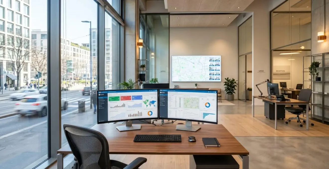 Ufficio immobiliare contemporaneo con grande monitor che mostra dashboard di analisi dati mercato e grafici sfocati