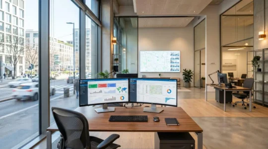 Ufficio immobiliare contemporaneo con grande monitor che mostra dashboard di analisi dati mercato e grafici sfocati